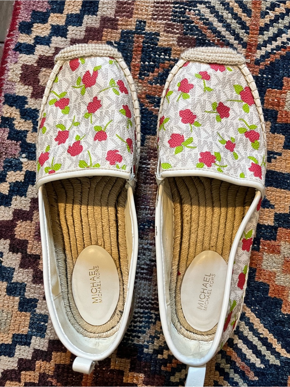 Michael Kors White Canvas Slip-On Flats with Pink Floral Print
